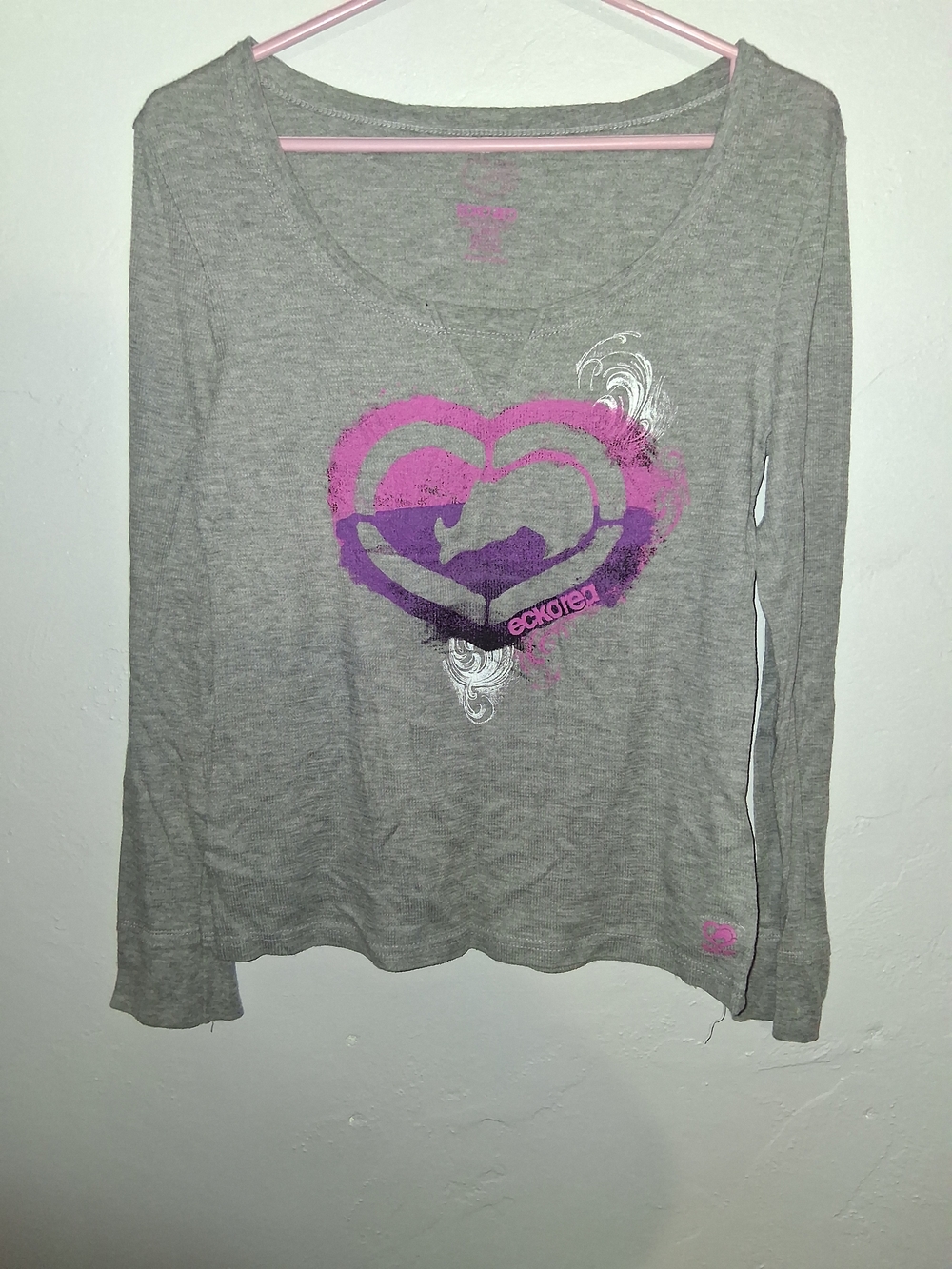 Ecko Unlimited Gray Long-Sleeve Tee with Pink & Purple Heart Graphic